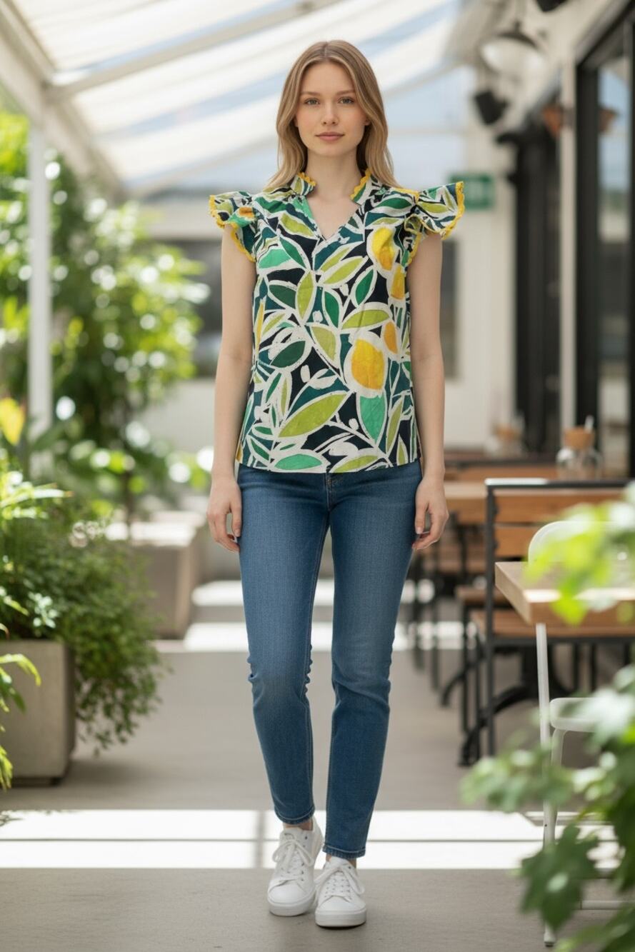 Stellah Lemon Print short sleeve V-neck blouse Size S